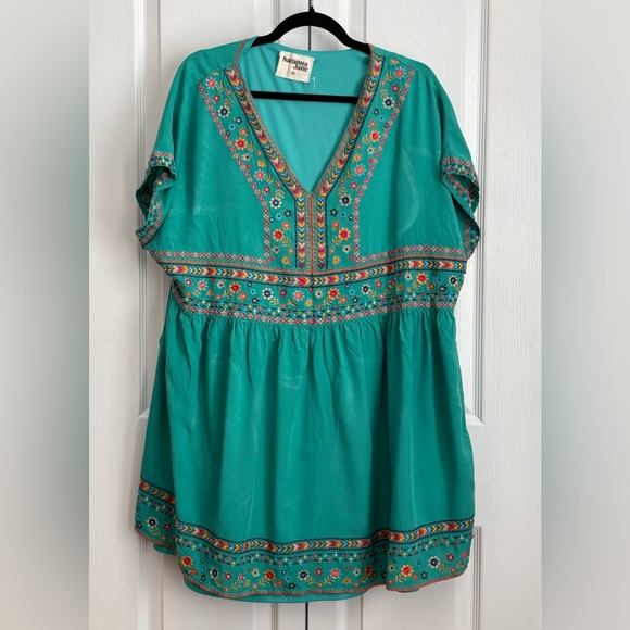 Savannah Jane Embroidered Teal Women's Mini Dress,, size 2x - Picture 2 of 5
